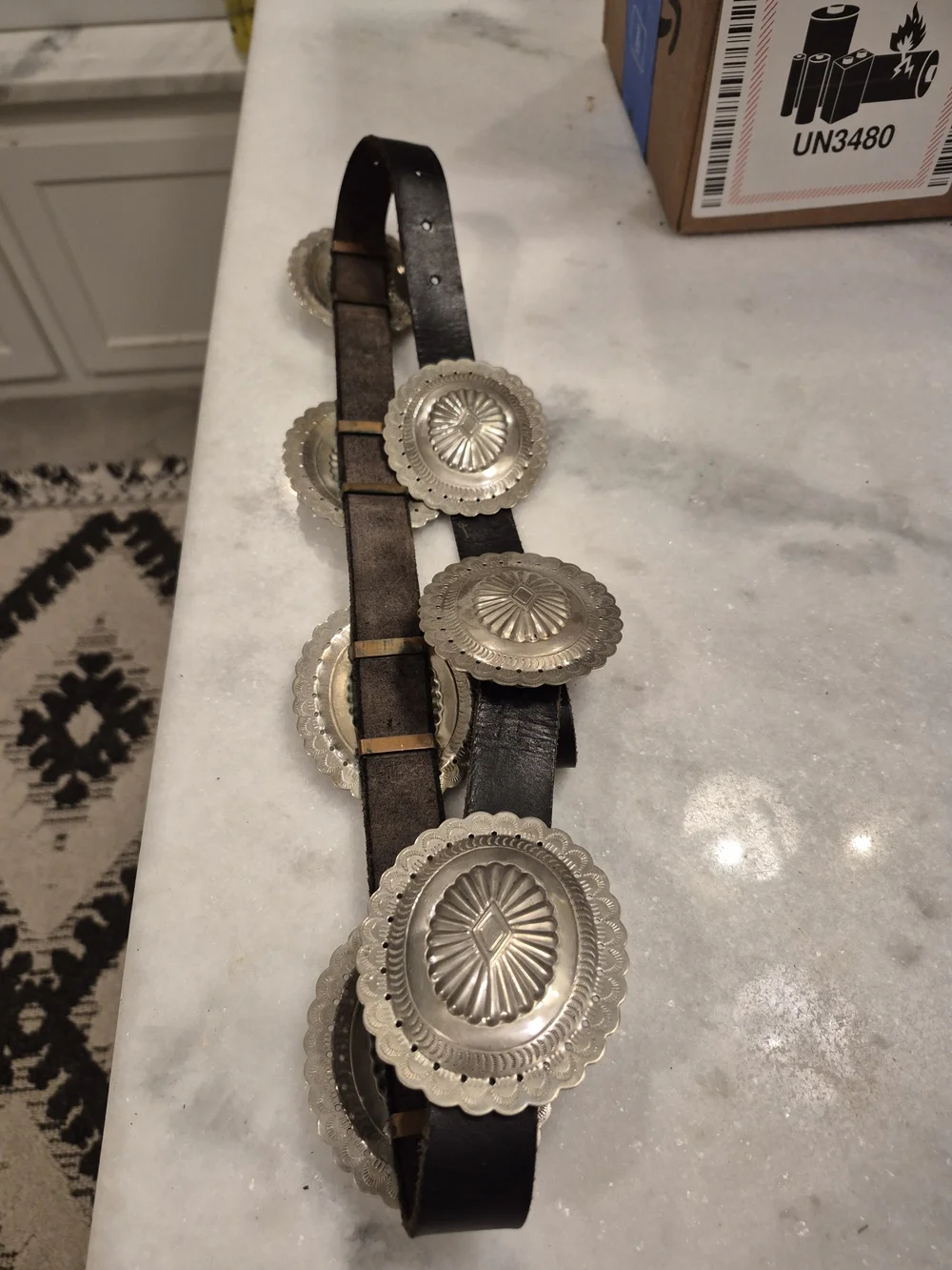 Silver Concho Leather Belt - Black Leather Western Style - Picture 4 of 5